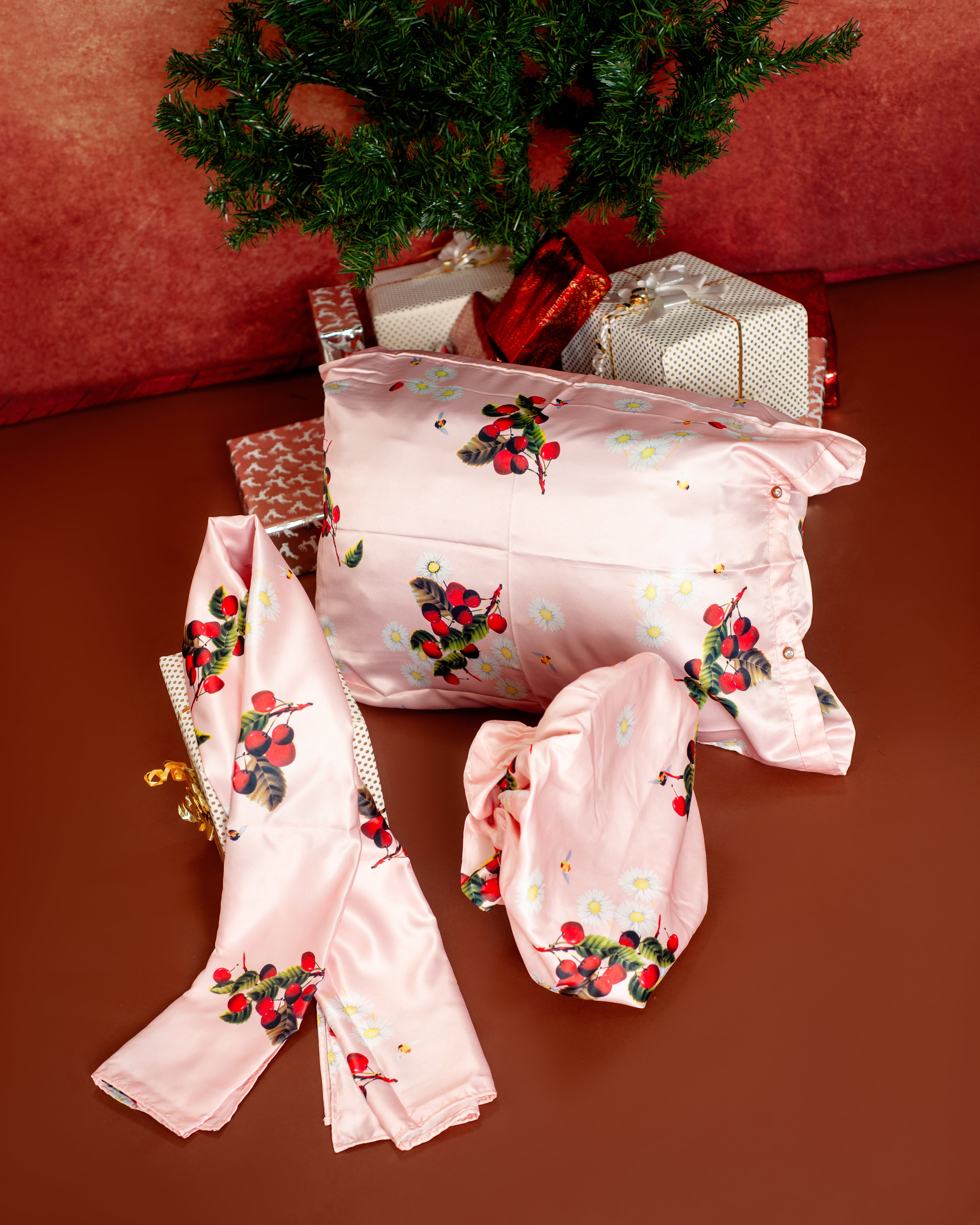 Cherry Blossom Festive Bundle- Pillow Case, Hair Bonnet, Scarf